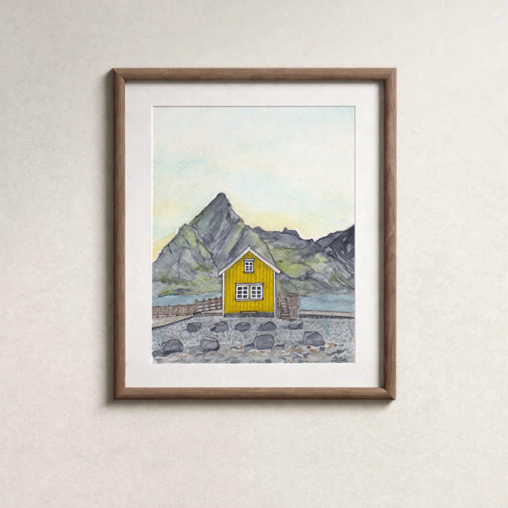 Yellow Rorbu in Sakrisoy Lofoten Islands Norway Watercolor Print