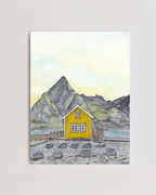 Yellow Rorbu in Sakrisoy Lofoten Islands Norway Watercolor Print