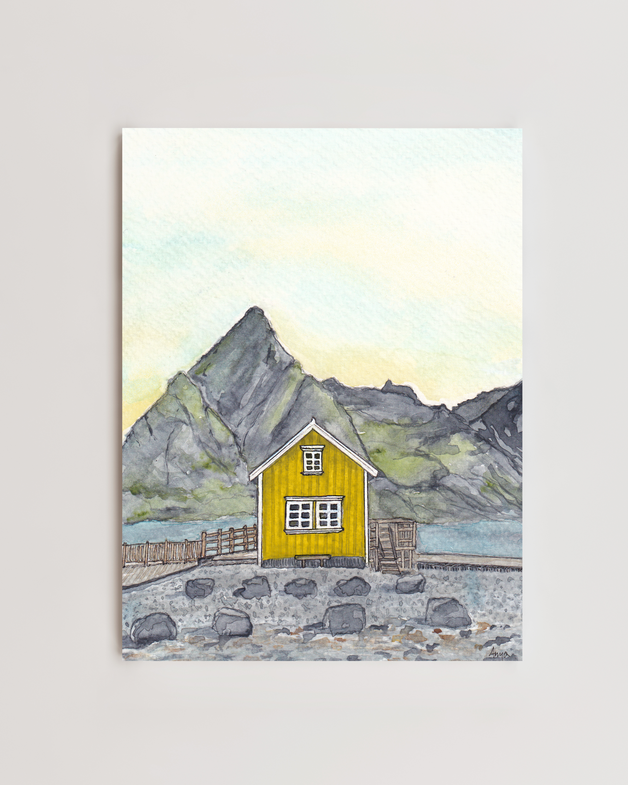 Yellow Rorbu in Sakrisoy Lofoten Islands Norway Watercolor Print