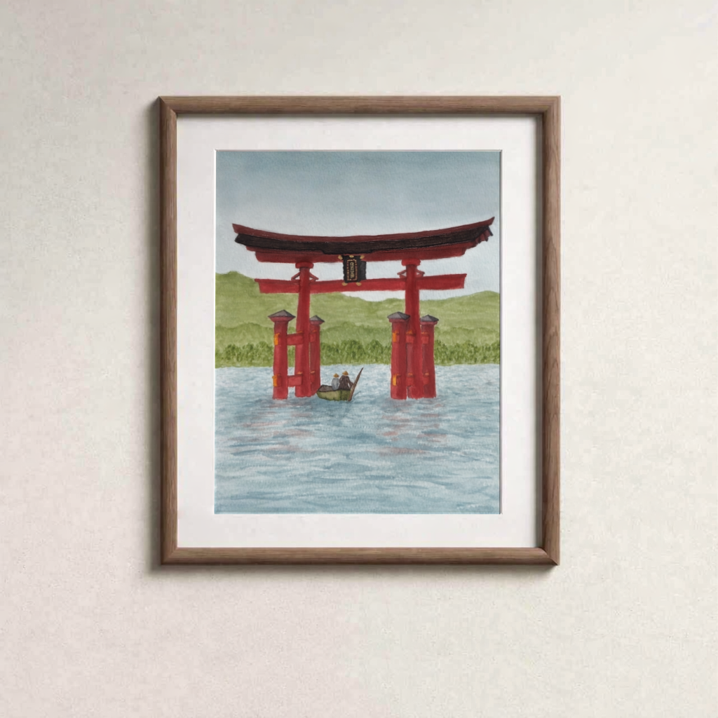 Floating Torii Gate of Itsukushima Shrine Watercolor Print